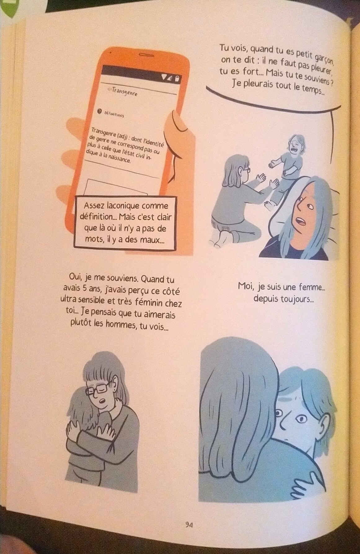 Page 94, quatre cases. 1. Définition de transgenre : dont l'identité de genre ne correspond pas ou plus à celle que l'état civil indique à la naissance. La légende indique "Assez laconique comme definition… mais c'est clair que là où il n'y a pas de mots, il y a des maux (m-a-u-x)." 2. La femme trans (Sofia) dit "Tu vois, quand tu es petit garçon, on te dit : il ne faut pas pleurer, tu es fort… Mais tu te souviens ? Je pleurais tout le temps… 3. Son interlocutrice dit : Oui, je me souviens. Quand tu avais 5 ans, j'avais perçu ce côté ultra sensible et très féminin chez toi. Je pensais que tu aimerais plutôt les hommes, tu vois… 4. Sofia : Moi, je suis une femme… depuis toujours…