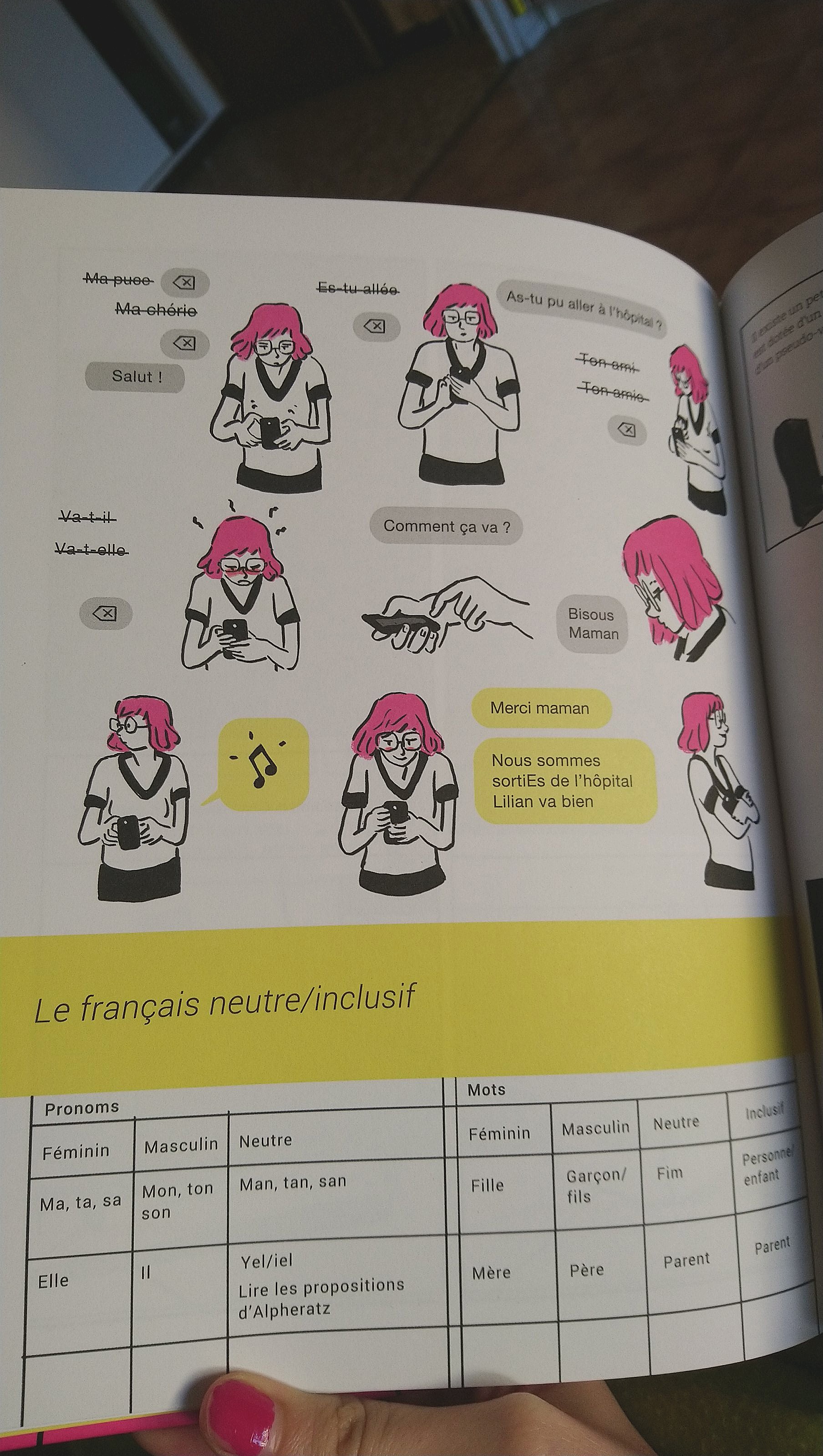 Sur la partie haute, on voit la mère qui écrit un message à son fils. Elle écrit "Ma puce", supprime, écrit "Ma chérie", supprime, écrit "Salut !". Ensuite, elle essaie "Es-tu allée" (avec un "e"), efface, remplace par "As-tu pu aller à l'hôpital ?" Elle essaie "Ton ami" (i), "Ton amie" (i-e), "Va-t-il", "Va-t-elle", commence à s'énerver, écrit "Comment ça va ? Bisous, Maman". Elle reçoit une réponse : "Merci maman. Nous sommes sorties (avec le E majuscule) de l'hôpital. Lilan va bien." La mère sourit. La deuxième partie de la page porte sur le français neutre/inclusif, avec une liste de pronoms et de mots féminins, masculins, et neutres. C'est directement inspiré de la grammaire inclusive d'Alpheratz.